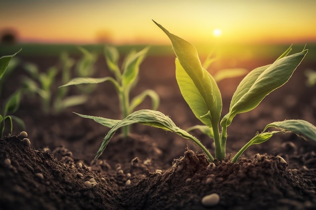 Giovane mais verde che cresce sul campo al tramonto Giovani piante di mais Mais coltivato in terreni agricoli campo di mais