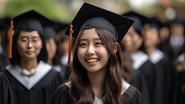 Giovane maschio asiatico sorridente laureato sullo sfondo di laureati universitari