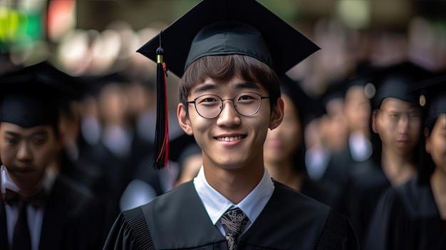Giovane maschio asiatico sorridente laureato sullo sfondo di laureati universitari