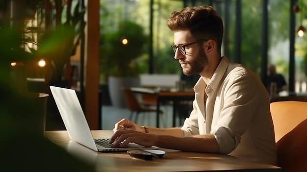 Giovane maschio seduto in un caffè che lavora con il portatile, lavora o studia ovunque.
