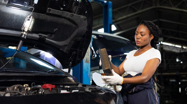 Giovane meccanico africano femminile che controlla e cambia il motore del filtro dell'aria dell'auto al garage dell'auto di servizio Meccanico donna nera che lavora nel servizio auto e officina di manutenzione