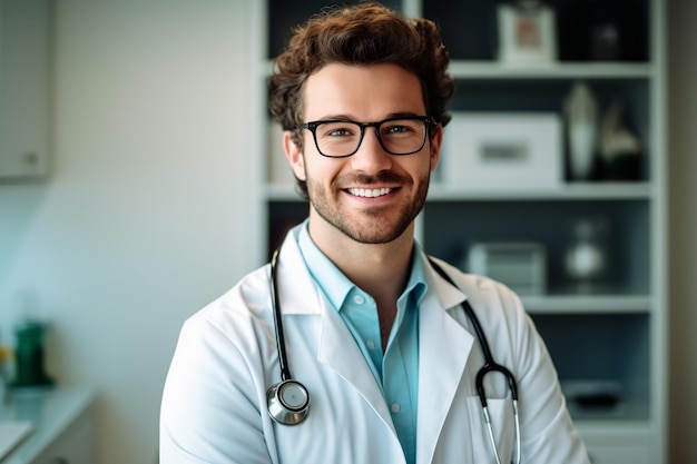 Giovane medico caucasico sorridente nella regolazione della clinica