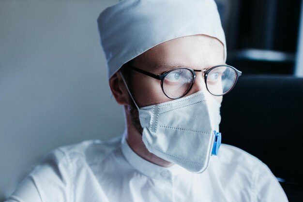 giovane medico maschio in uniforme bianca e occhiali in ufficio lavora