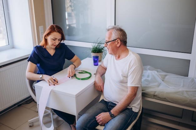 Giovane medico professionista femminile medico che consulta il vecchio paziente maschio che parla con il cliente dell'uomo adulto anziano alla visita di controllo medico Trattamento delle malattie geriatriche Concetto di assistenza sanitaria medica anziana