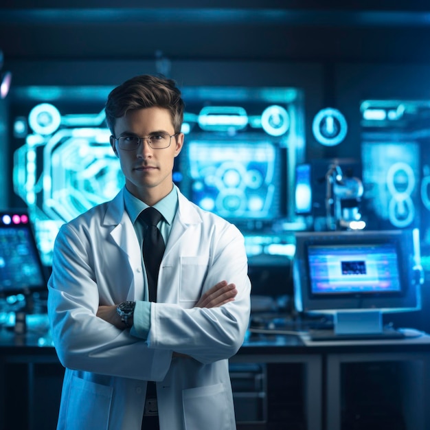 Giovane medico ricercatore con un background futuristico