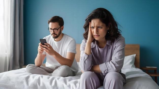 Giovane moglie seduta a letto con un sentimento di sconvolgimento suo marito usa lo smartphone durante il sonnellino