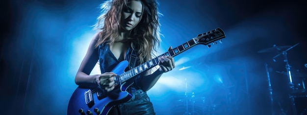 Giovane musicista femminile che suona la chitarra ad un concerto rock