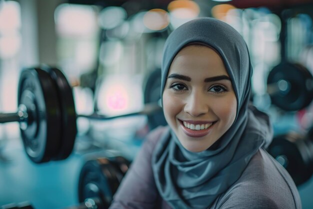 Giovane musulmana sorridente che indossa un hijab che si prepara per un allenamento con i pesi in palestra