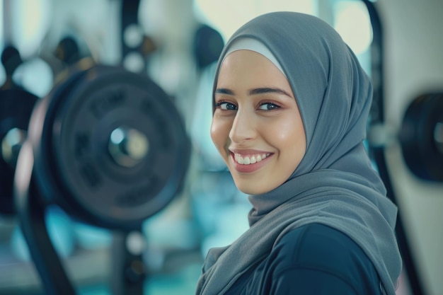 Giovane musulmana sorridente che indossa un hijab che si prepara per un allenamento con i pesi in palestra