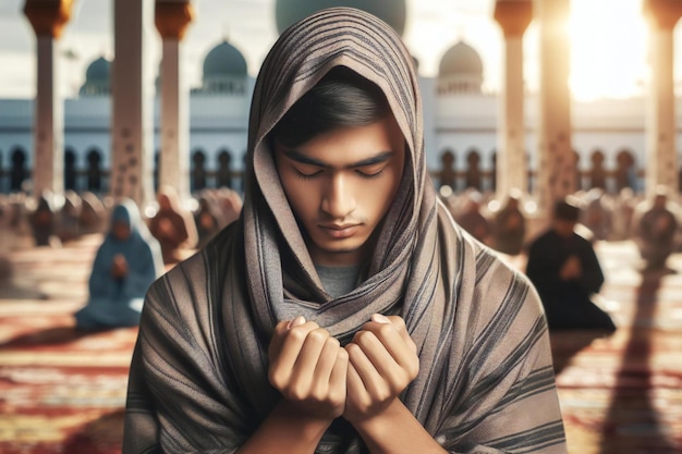 Giovane musulmano che prega nella moschea all'alba concetto di tradizione e festività musulmane