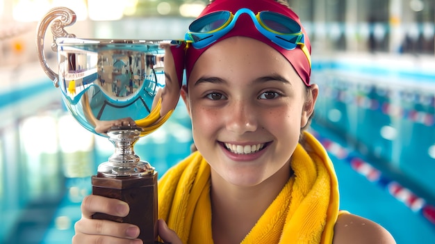 Giovane nuotatore celebra la vittoria con un trofeo Espressione gioiosa in piscina Atleta bambino Competizione sportiva Successo Momento felice Achievement sportivo giovanile AI