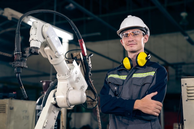 Giovane operaio di fabbrica che lavora con un abile braccio robotico