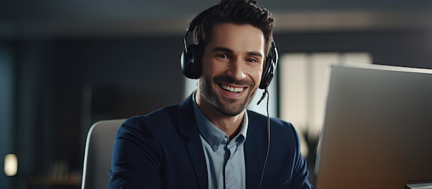 Giovane operatore di call center maschio che sorride e utilizza un laptop con un auricolare per la videochiamata in posa per un ritratto
