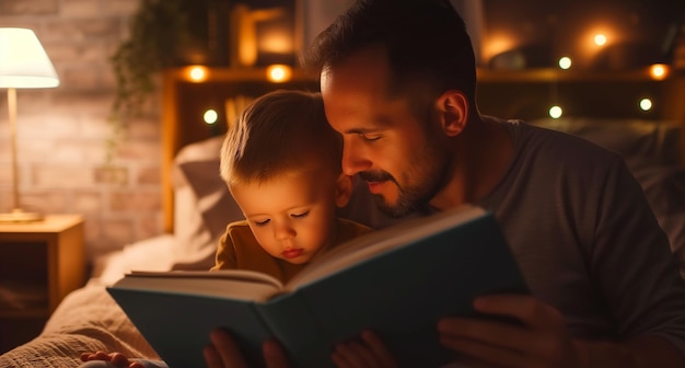 Giovane padre che legge un libro a suo figlio di notte in camera da letto con una luce calda Giornata mondiale del libro