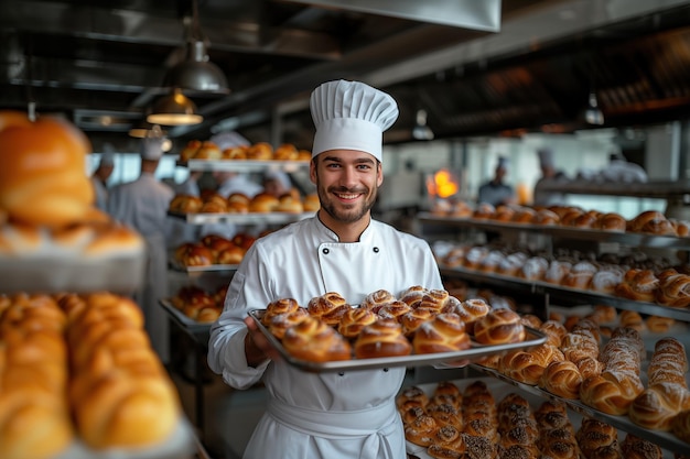 giovane panettiere maschio professionista che tiene un vassoio con panini in una grande panetteria moderna