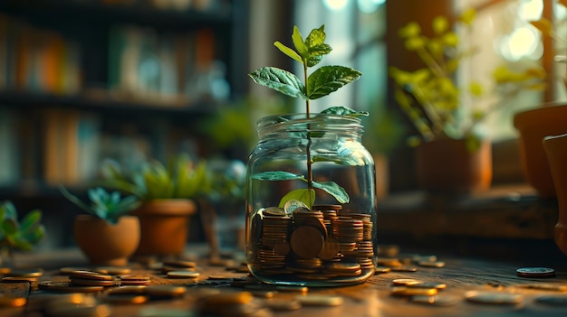 Giovane pianta che cresce in un barattolo di vetro pieno di monete sul tavolo di legno concetto di crescita, investimenti e risparmi, finanza ecologica AI