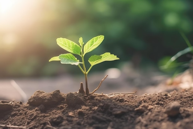 Giovane pianta verde che cresce alla luce del sole nel giardino Bandiera della Giornata Mondiale della Terra Salva il concetto mondiale