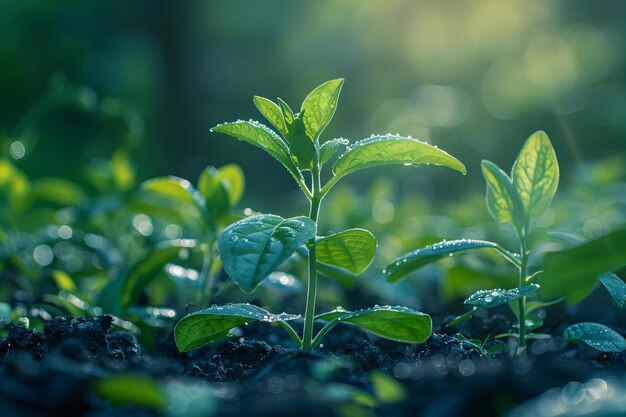 Giovane pianta verde che germoglia in un giardino illuminato dal sole