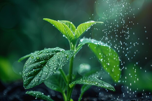 Giovane pianta verde spruzzata d'acqua alla luce naturale