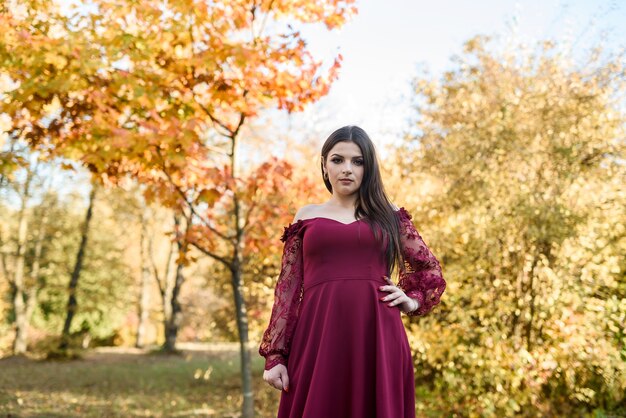 Giovane principessa in un bel vestito rosso nel parco. Lo sfondo è luminoso, dorato della natura autunnale.