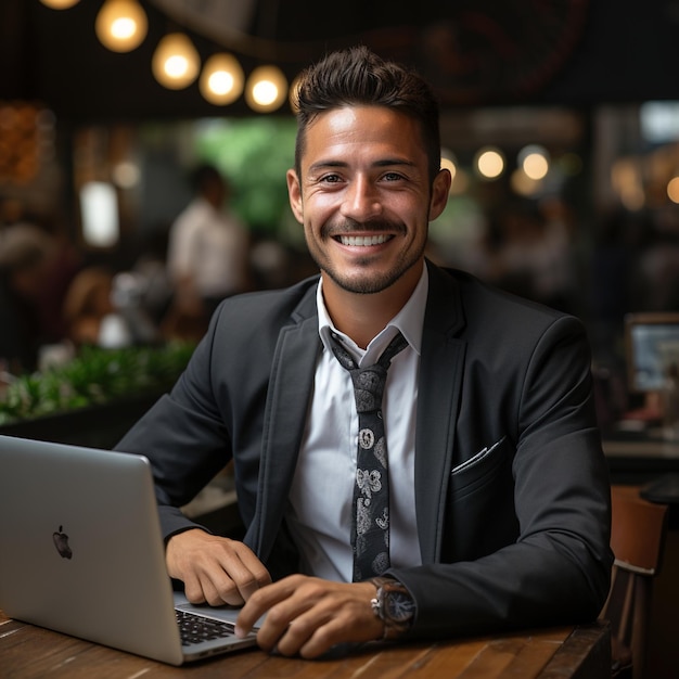 Giovane professionista ispanico che sorride mentre utilizza il computer portatile in un caffè