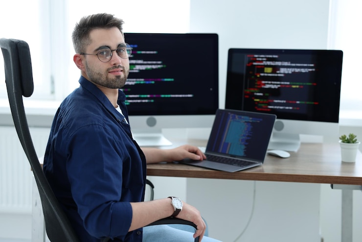Foto giovane programmatore che lavora alla scrivania in ufficio
