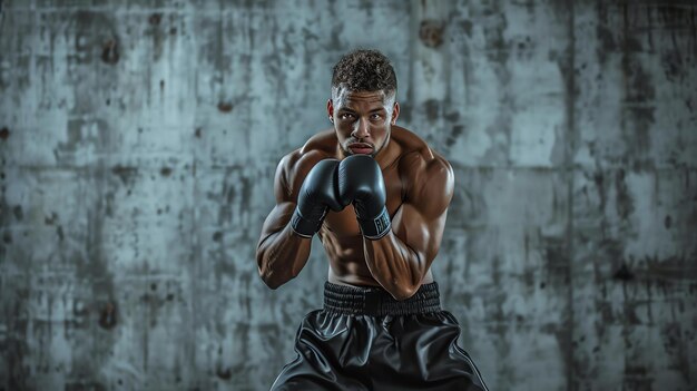 Giovane pugile afroamericano muscoloso con un fisico perfetto in guanti di boxe neri e pantaloncini corti che posa con la guardia in alto pronto a combattere