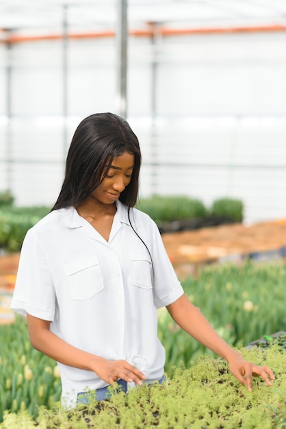 Giovane ragazza afroamericana, lavoratore con fiori in serra.