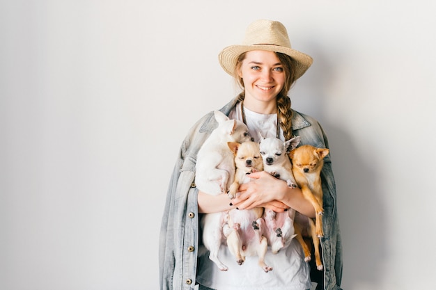 Giovane ragazza alla moda che tiene quattro cuccioli della chihuahua in mani