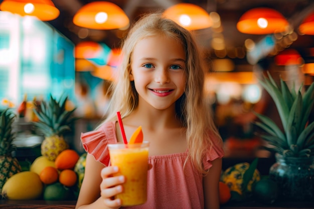 giovane ragazza alzando frullato di frutta sfondo tropicale