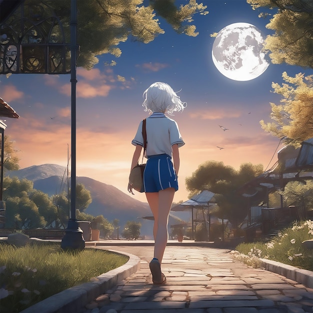 Giovane ragazza anime con i capelli corti bianchi che cammina al chiaro di luna 3d UHD HD 4k Ultra 20