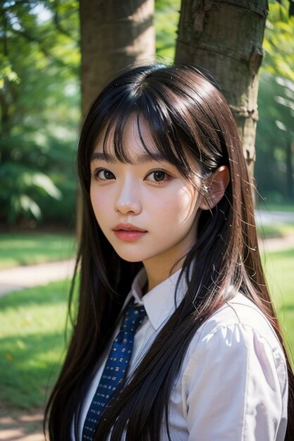 Giovane ragazza asiatica abbastanza orientale che sorride e che scatta foto all'aperto con caratteristiche facciali squisite
