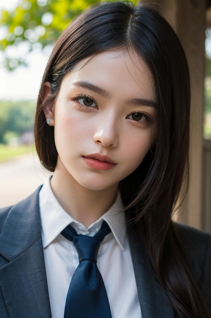 Giovane ragazza asiatica abbastanza orientale che sorride e che scatta foto all'aperto con caratteristiche facciali squisite