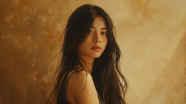Giovane ragazza asiatica bellissima con i capelli lunghi e il trucco coreano