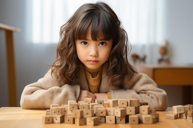 Giovane ragazza asiatica con puzzle di legno bambino concetto di salute mentale disturbo dello spettro dell'autismo consapevolezza concetto di istruzione sullo sfondo dell'appartamento spazio di copia interno