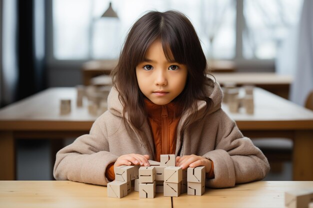 Giovane ragazza asiatica con puzzle di legno bambino concetto di salute mentale disturbo dello spettro dell'autismo consapevolezza concetto di istruzione sullo sfondo dell'appartamento spazio di copia interno