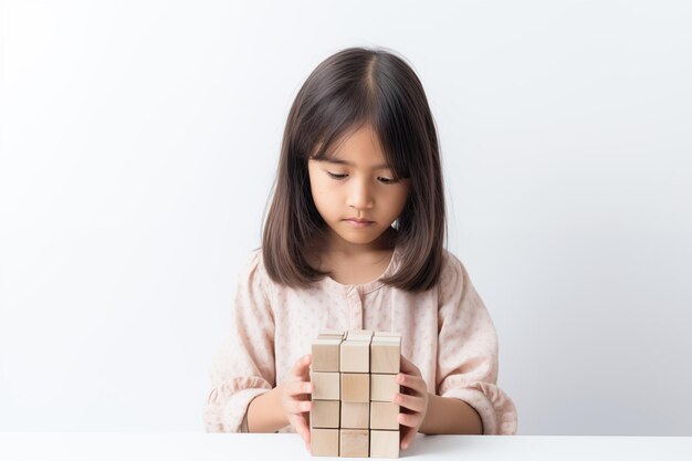 Giovane ragazza asiatica con puzzle di legno concetto di salute mentale del bambino disturbo dello spettro dell'autismo consapevolezza concetto di istruzione su sfondo bianco spazio di copia