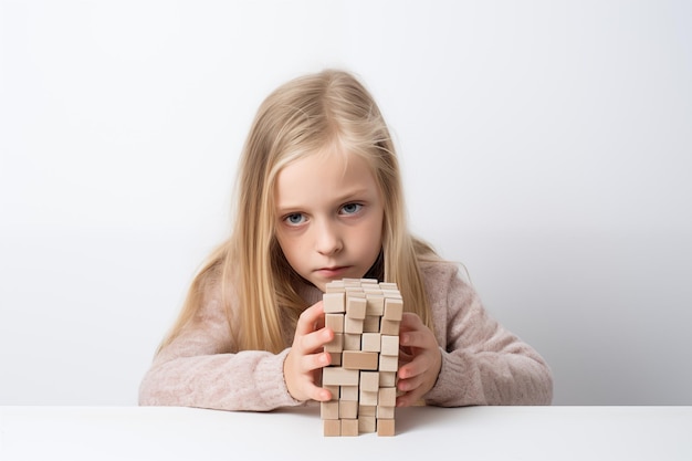 Giovane ragazza bionda caucasica con puzzle di legno concetto di salute mentale del bambino disturbo dello spettro autistico consapevolezza concetto di istruzione su sfondo bianco spazio di copia