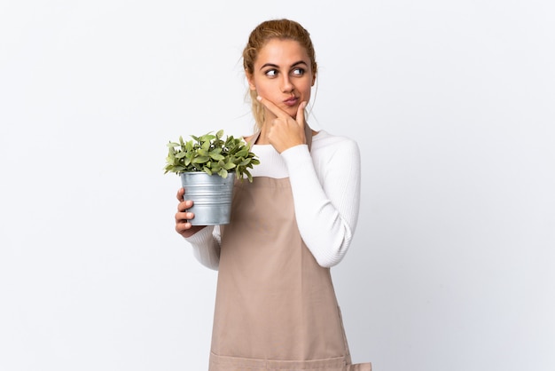 Giovane ragazza bionda della donna del giardiniere che tiene una pianta sopra la parete bianca isolata che pensa un'idea