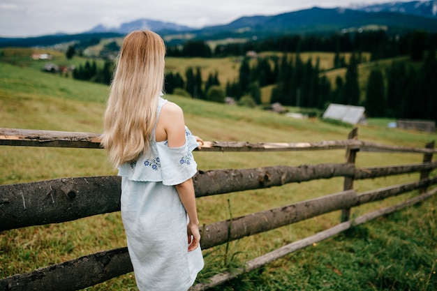 Giovane ragazza bionda elegante attraente in vestito blu che posa indietro vicino al recinto in campagna