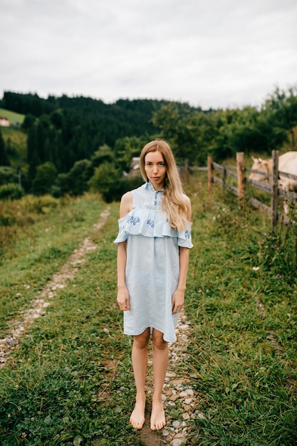 Giovane ragazza bionda elegante attraente in vestito blu che posa nella campagna