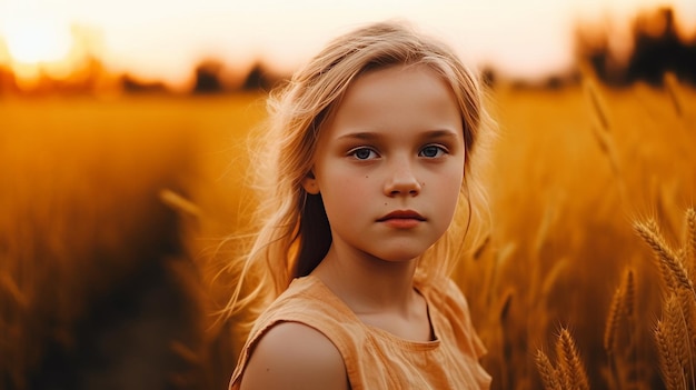 Giovane ragazza bionda in campo giallo al tramonto estate AI generativa