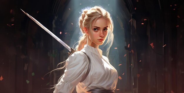 giovane ragazza bionda trecce semplice abito bianco con in mano una spada sfondo HD