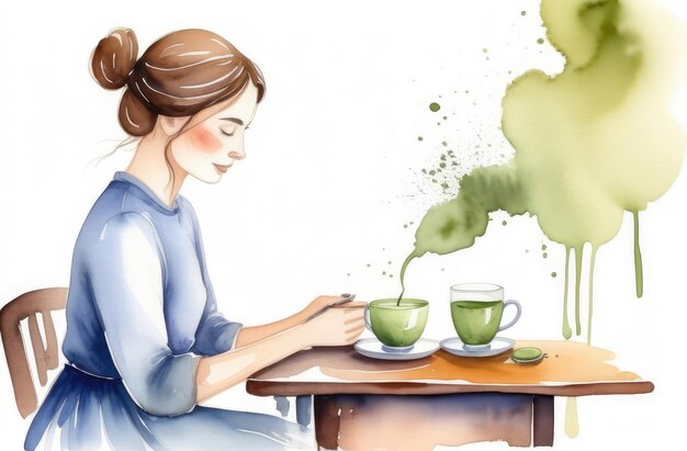 giovane ragazza caucasica che beve il tradizionale tè matcha giapponese al tavolo illustrazione ad acquerello