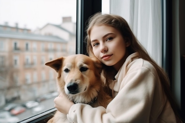 Giovane ragazza caucasica che tiene il cane e sorride guardando la fotocamera mentre è seduto sul davanzale Concetto di animali domestici