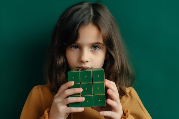 Giovane ragazza caucasica dai capelli castani con un puzzle di legno concetto di salute mentale del bambino disturbo dello spettro autistico consapevolezza concetto di istruzione su sfondo verde spazio di copia