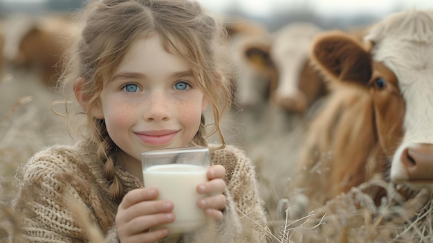 Giovane ragazza che gode del latte fresco in una fattoria di mucche nella serenità di sottofondo nella campagna AI