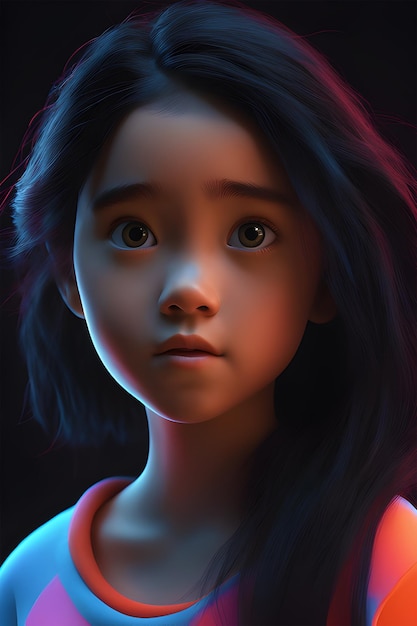 Giovane ragazza che guarda il ritratto della telecamera in stile Pixar, arte 3d in una città, intelligenza artificiale generativa