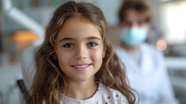 Giovane ragazza che sorride alla macchina fotografica in un ambiente medico concetto di assistenza sanitaria pediatrica e comfort del paziente AI