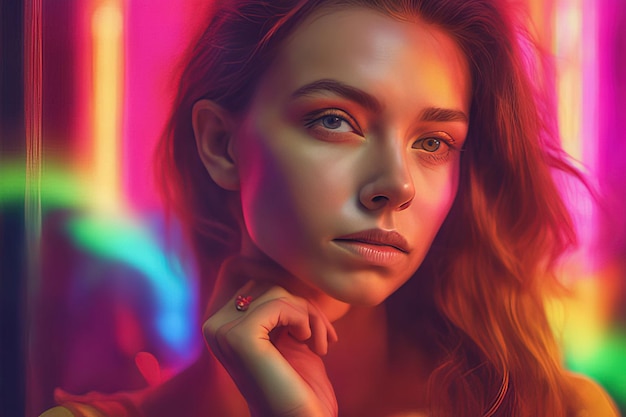 giovane ragazza con colori arcobaleno in stile neon